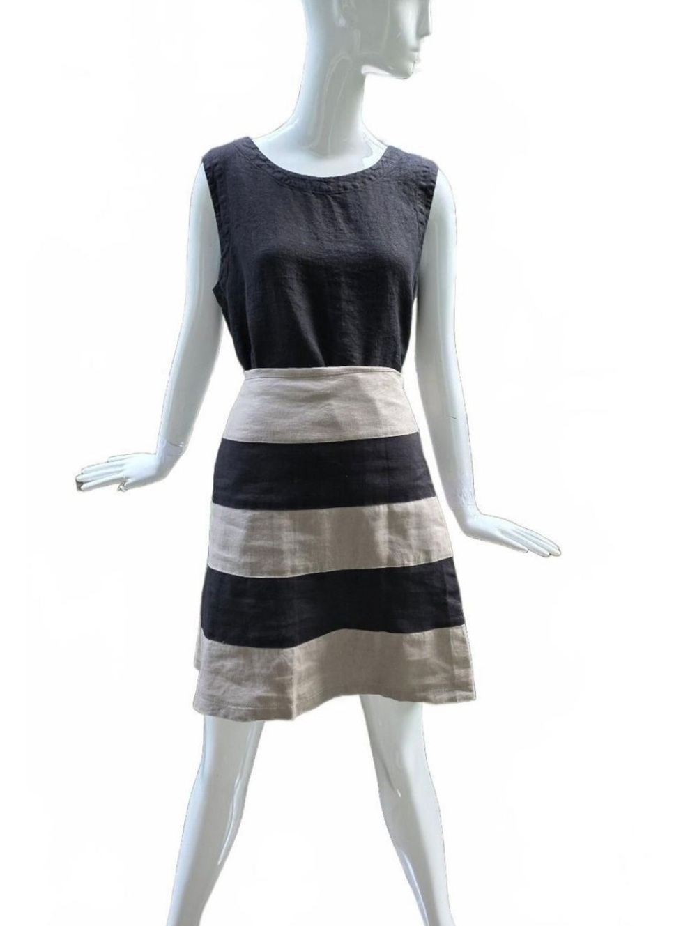 Kenar Black And Tan Colour Band A-Line Linen Mini Skirt.  / US Size Med